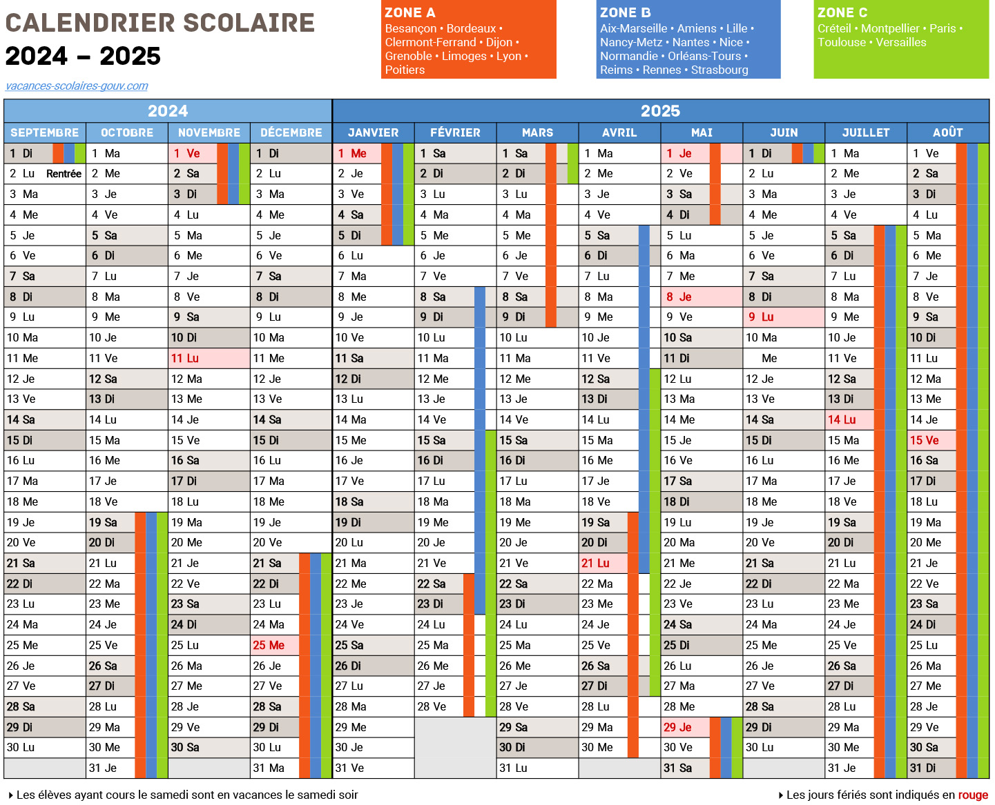 calendrier scolaire 2024 2025